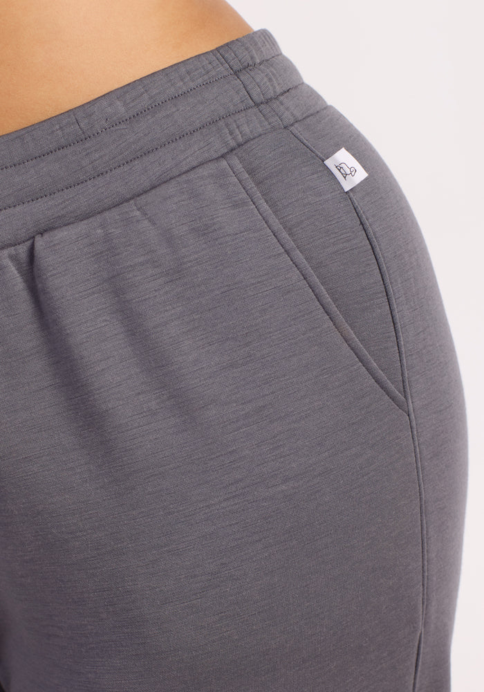 Close-up of a person wearing Woolx Parker Sweatpants - Arctic Dusk, dark gray moisture-wicking pants with an elastic waistband, side pocket, and a small white tag on the waistband, set against a plain light background.