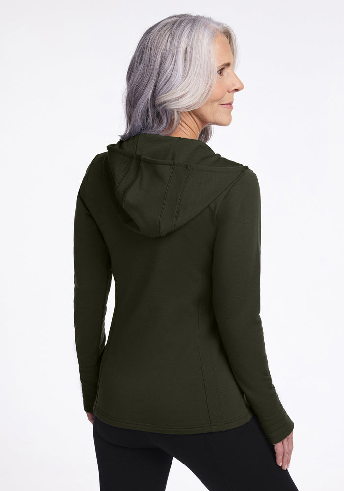 Woman with long gray hair in a Woolx Zoey Zip Up Hoodie - Duffel Bag, back view, on plain white background.