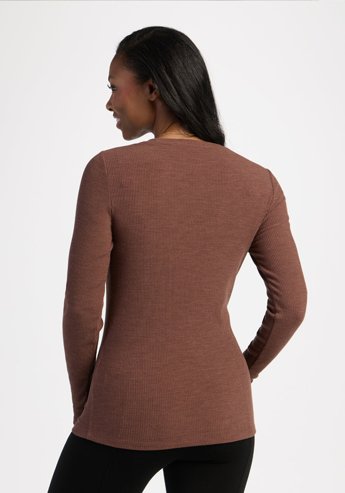 Woman in Woolx Hadley Ribbed Crew - Sable Heather and black pants, facing away against a plain white background.