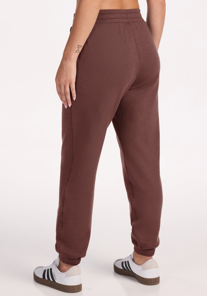 Model wears Woolx Parker Sweatpants - Canyon Clay with white sneakers, back to camera, on a white background.