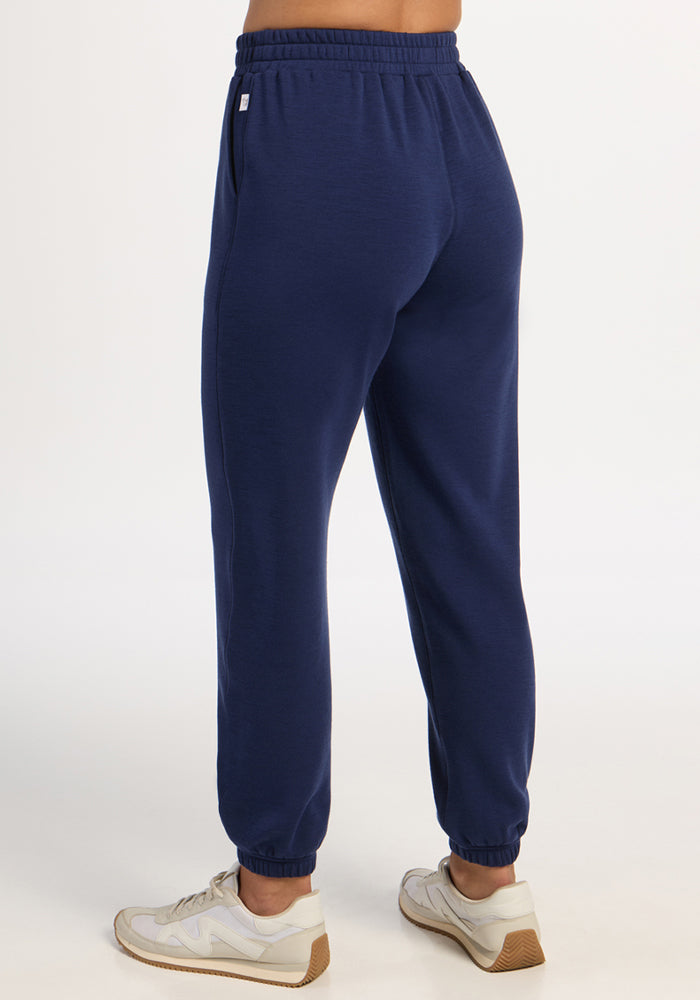 A person in Woolx Parker Sweatpants - Ocean Cavern and white sneakers stands on a white background, shown from behind.
