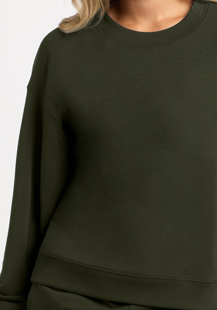 Moisture-wicking olive green Molly Crewneck - Duffel Bag sweatshirt with long sleeves.