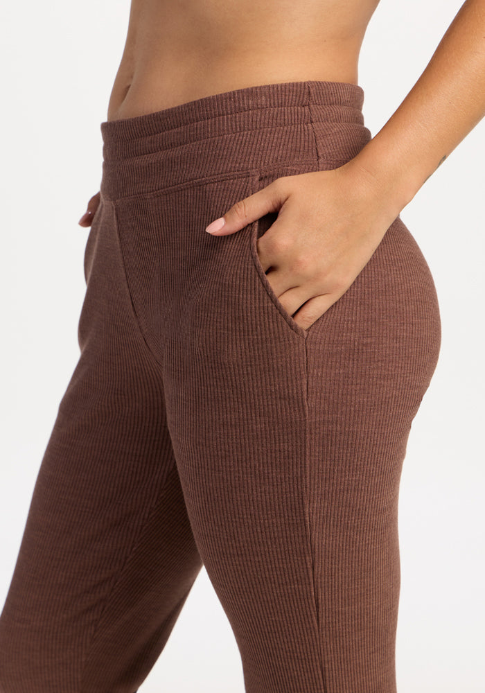 Woolx Lennon Ribbed Joggers - Sable Heather, hands in pockets, shown waist to mid-thigh on white background.