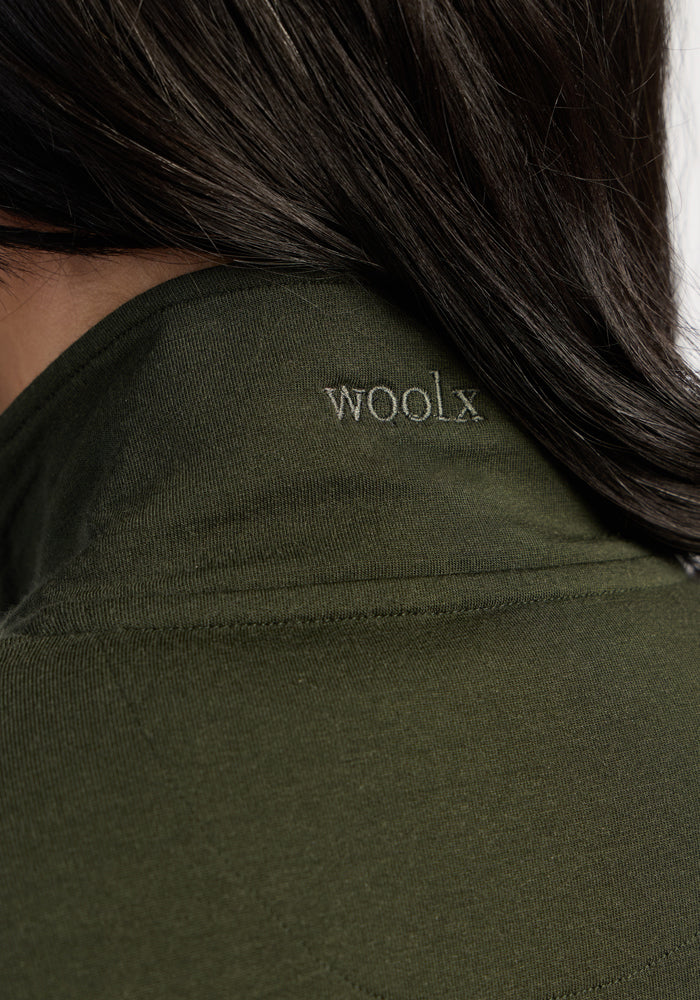 Close-up of the Finley Zip Up Sweatshirt - Duffel Bag by Woolx, logo embroidered on back collar, hair partly visible.