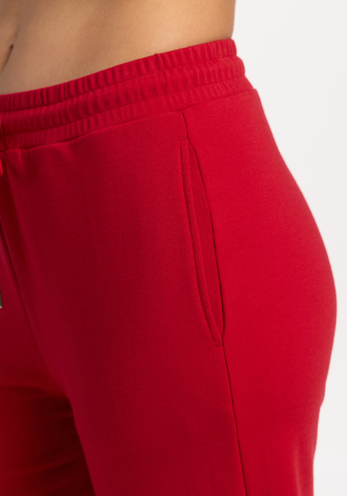 Close-up of Woolx Eloise Wide Leg Pants in Maraschino Cherry, focusing on waistband, pocket, and hip against white.