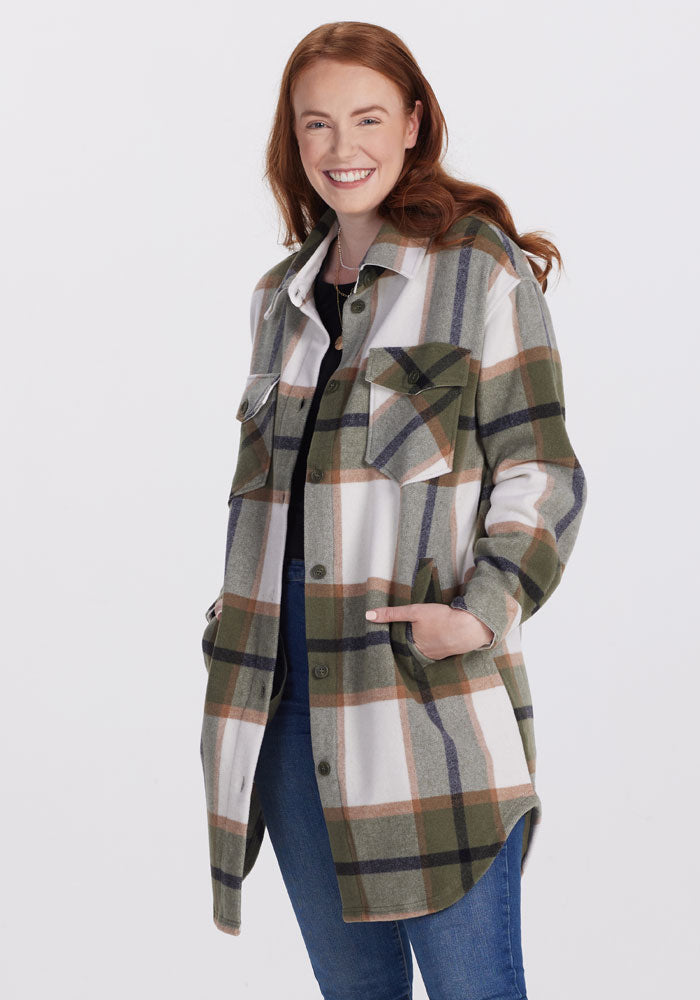 Model wearing Sutton shacket - Forest Plaid | Ericka is 5’9.5”, wearing a size M