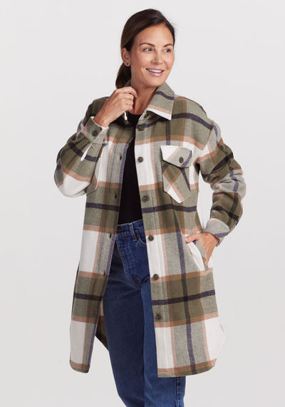 Model wearing Sutton shacket - Forest Plaid | Shannon is 5’8”, wearing a size S