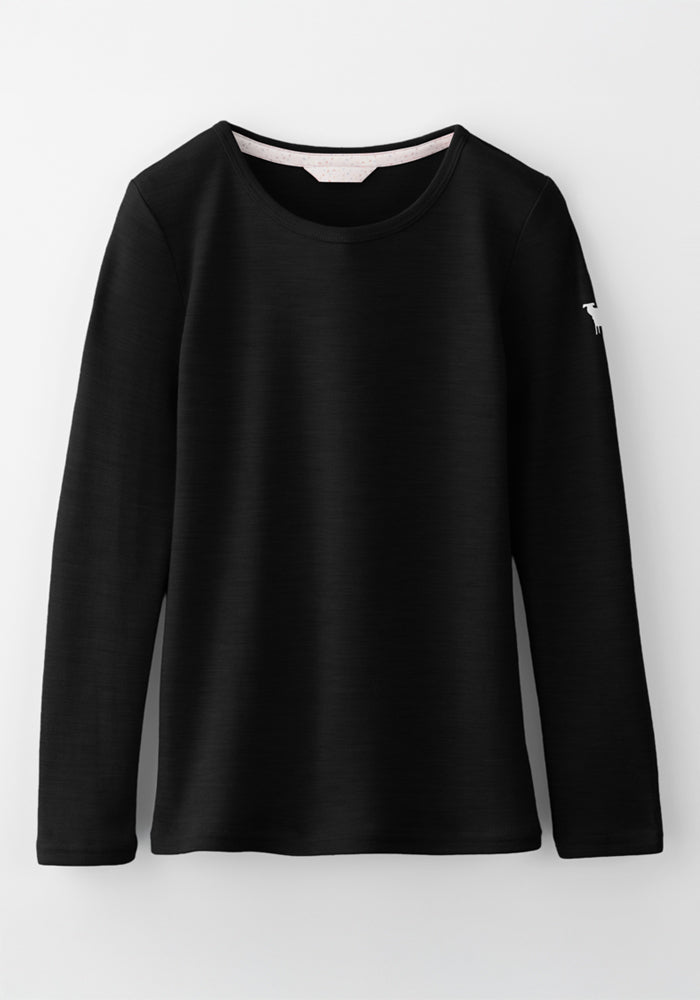 The Woolx Kids Explorer Base Layer Top in black is a long-sleeve crewneck made from soft Australian Merino wool, featuring a subtle logo on the upper left sleeve and shown against a light background.