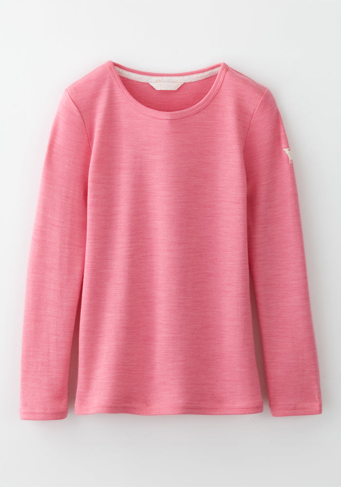 The Woolx Kids Explorer Base Layer Top - Pinky Promise is a soft Australian Merino wool long-sleeve shirt for girls, with a crew neckline and natural moisture-wicking, shown laid flat on a white background.