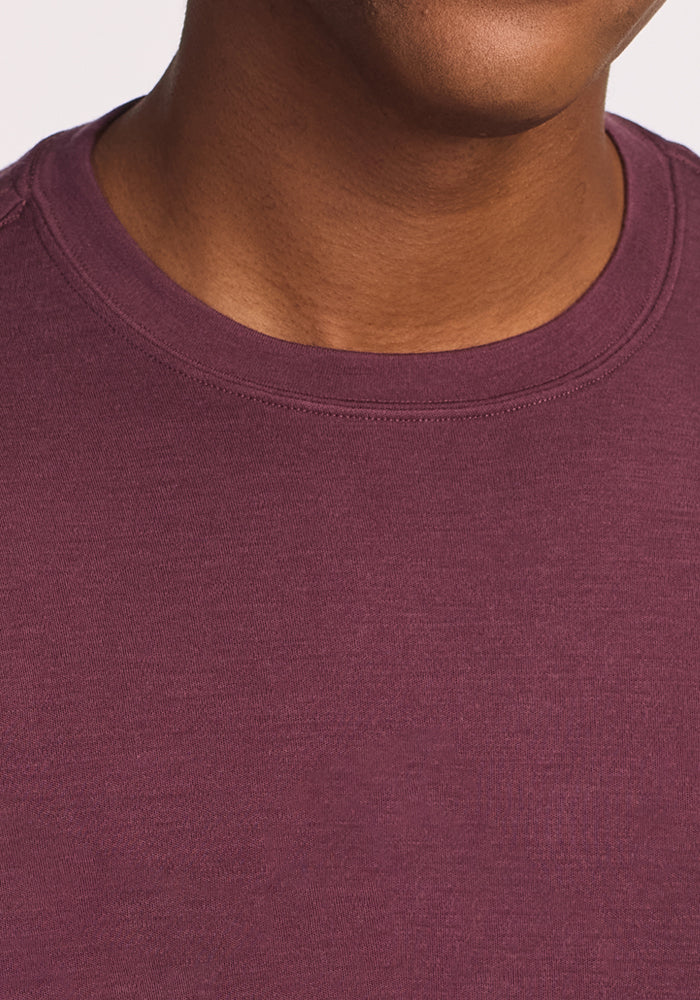 A close-up shows the lower face, neck, and upper chest of a person wearing the Woolx Easton Crew Neck Shirt in Grape Harvest. The background is plain and neutral.