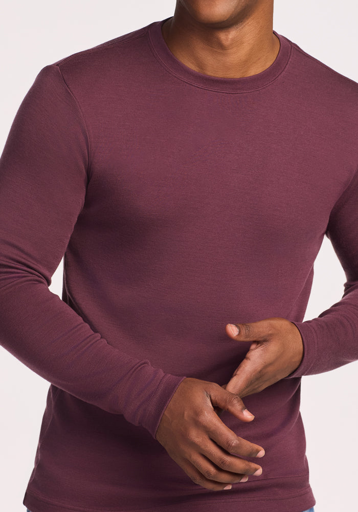 A person models the Woolx Easton Crew Neck Shirt in Grape Harvest, a long-sleeve moisture-wicking top, against a light background with hands clasped at waist and head partially out of frame.