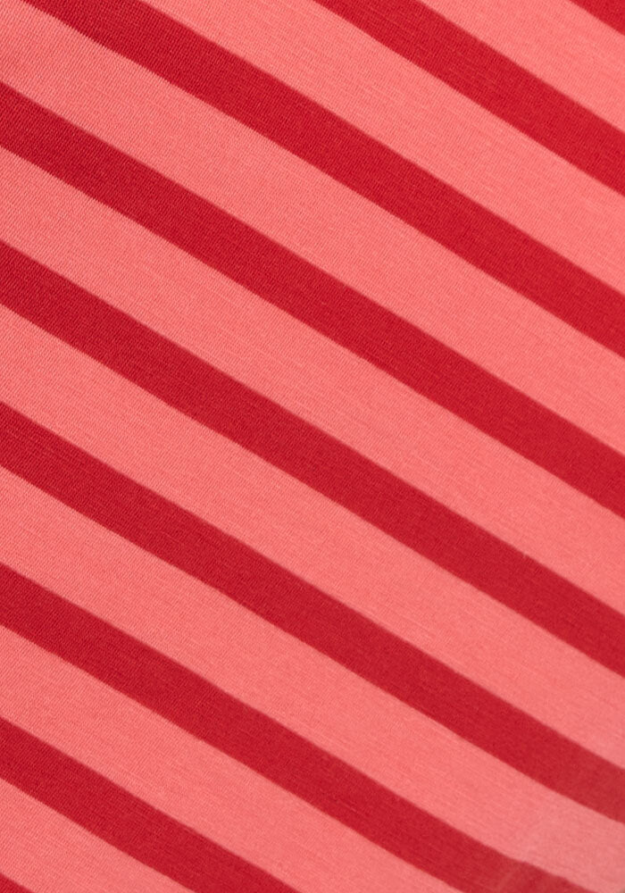 Diagonal red and pink stripes add a bold touch to the Woolx Elena 3/4 Sleeve V Neck - Wildberry Stripe top.