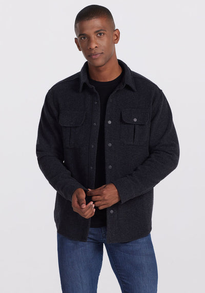 Model wearing Wilder Shirt Jac - Carbon Black | Trell is 6’2”, wearing a size M