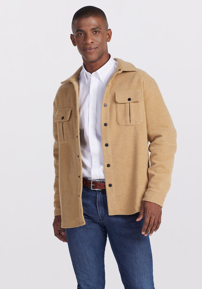 Model wearing Wilder Shirt jac - Mustard | Trell is 6’2”, wearing a size M
