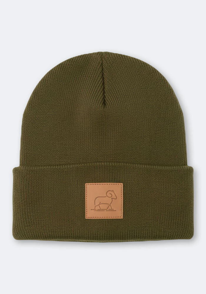 Woolx Baylor Beanie - Winter Moss in olive green cuffed merino wool with a small tan leather ram logo patch.