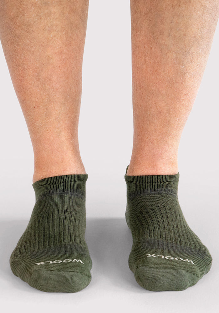 A close-up of lower legs wearing Woolx Mens Rowan No Show Socks in Winter Moss, with "WOOL" visible on the toes, shown against a light gray background.
