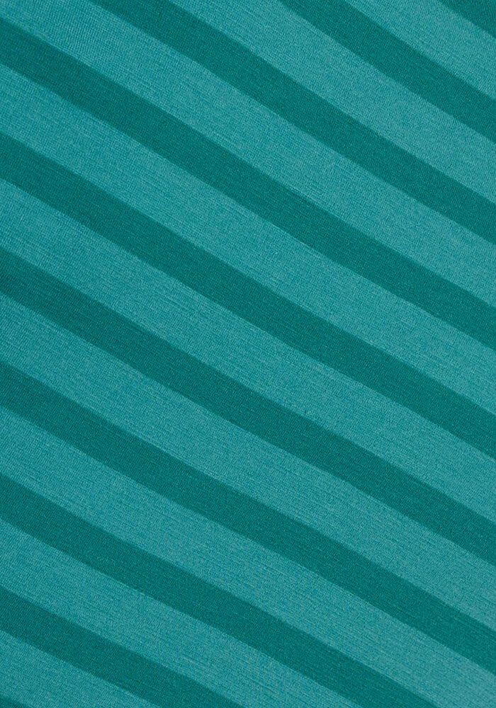 Woodland stripes in teal pattern the Woolx Elena 3/4 Sleeve V Neck, a lightweight women's merino wool top.