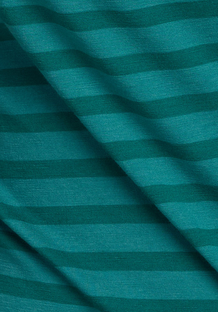 Woolx Mia V Neck - Woodland Stripe: Green/teal stripes, moisture-wicking Merino tee for women.