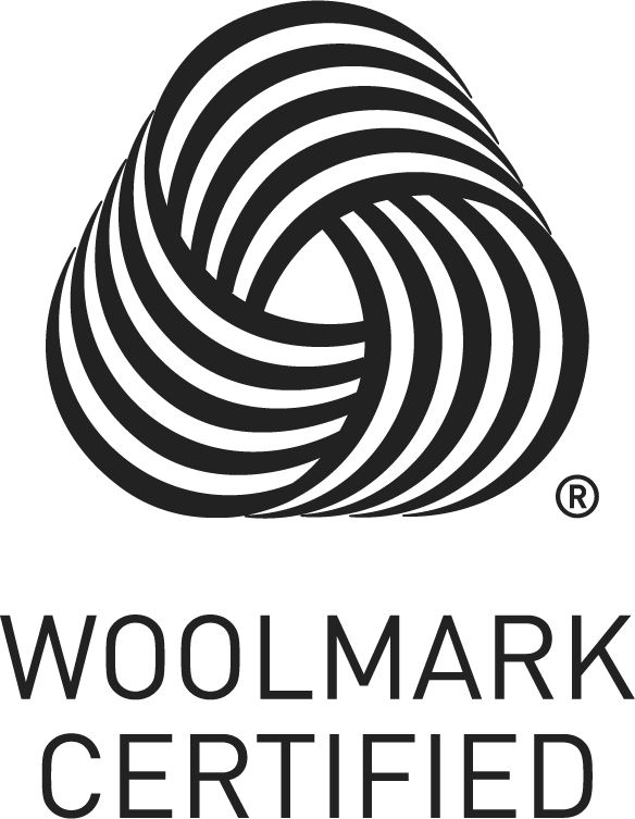Black and white Woolmark Certified logo featuring a stylized, intertwined wool yarn icon above the words "WOOLMARK CERTIFIED" in bold, uppercase letters.