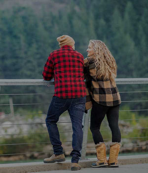 Couple wearing Woolx shackets standing on bridge - Mobile Image