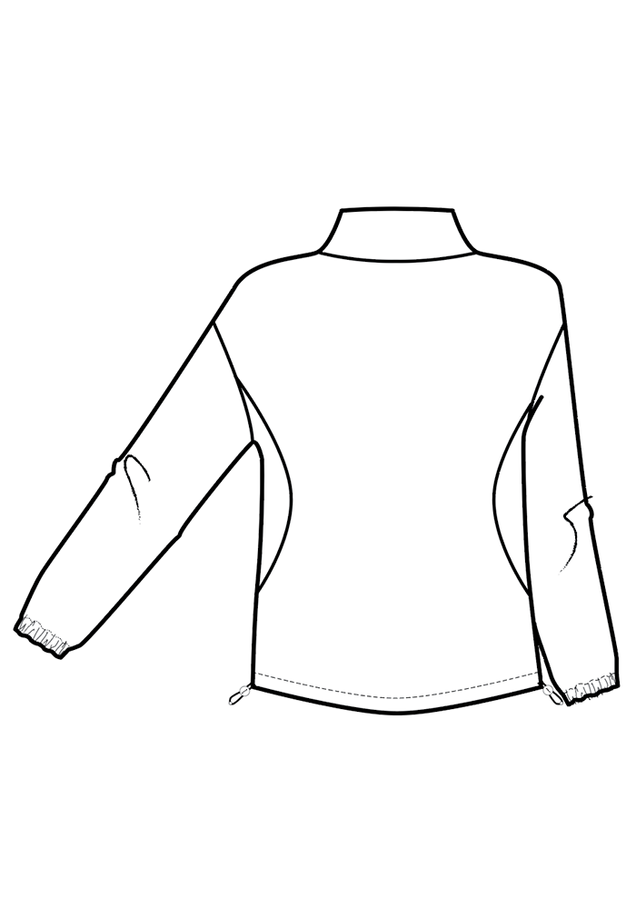 Line drawing of Woolx Cooper Windbreaker - Black, showing high collar, side panels, and elastic cuffs from the back.