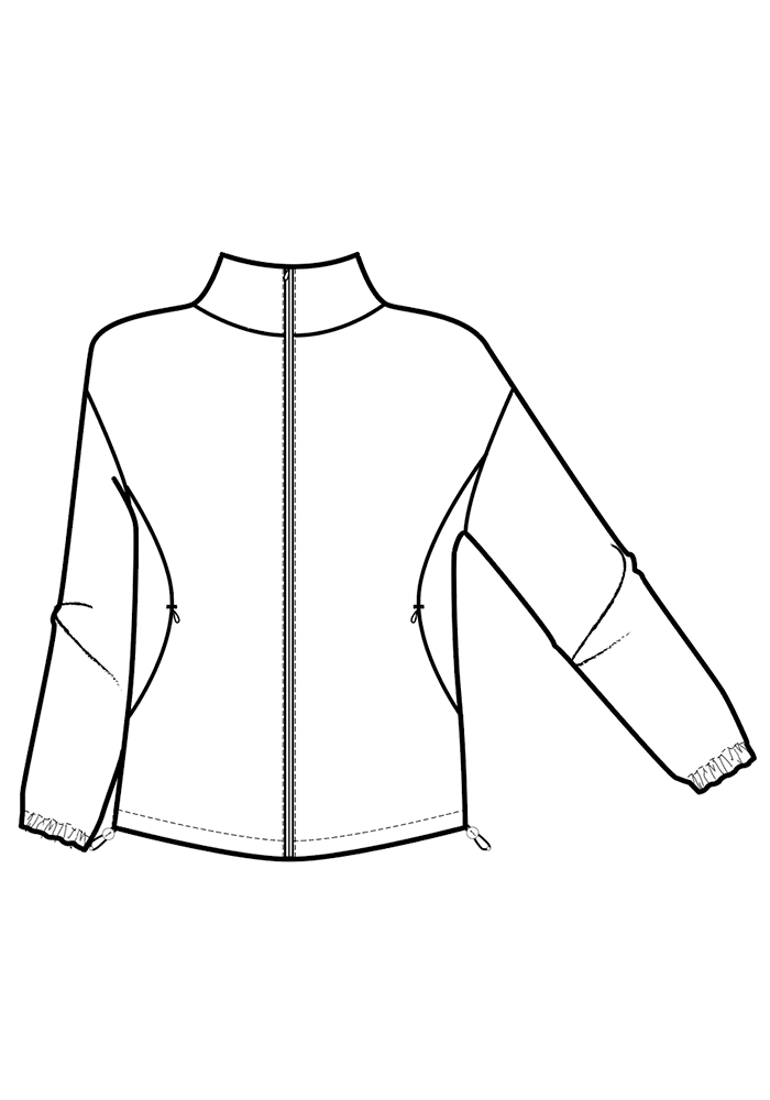 Black and white line drawing of the Woolx Cooper Windbreaker - Saddleback, long sleeves, high collar, front view.
