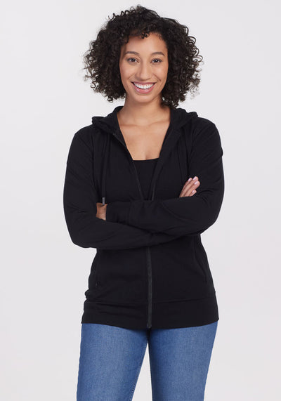 Model wearing Ryann hoodie - Black | Tori is 5'7", wearing a size S