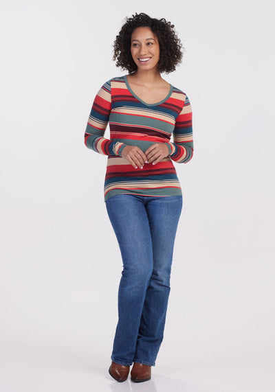 Model wearing Layla v-neck - Remington Stripe