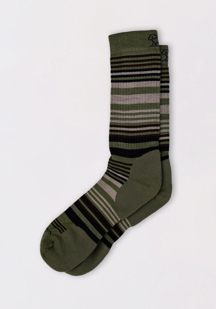 The Woolx Mens Everyday Crew Socks in Winter Moss Stripe feature green cushioning and horizontal black, brown, and gray stripes, shown laid flat on a white background.