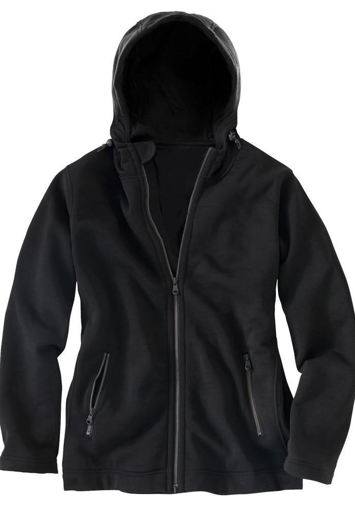 The Woolx Grizzly Sweatshirt in black, a quick-drying hooded zip-up jacket with two zippered side pockets, is shown laid flat on a white background with the hood up and the front partially unzipped.