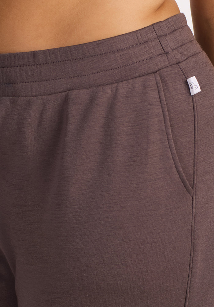 Close-up of a person wearing Woolx Parker Sweatpants in Plum Truffle, featuring an elastic waistband, side pocket, and a small white tag. The Merino wool fabric offers moisture-wicking and temperature regulation benefits.