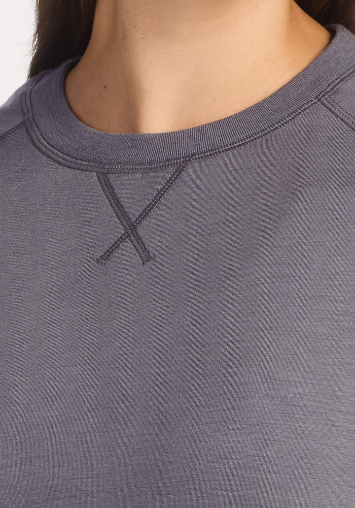 Close-up of a person wearing the Woolx Bailey Crewneck Sweatshirt in Arctic Dusk, featuring breathable fabric and visible stitching detail near the collar, with only the lower face and neck visible.