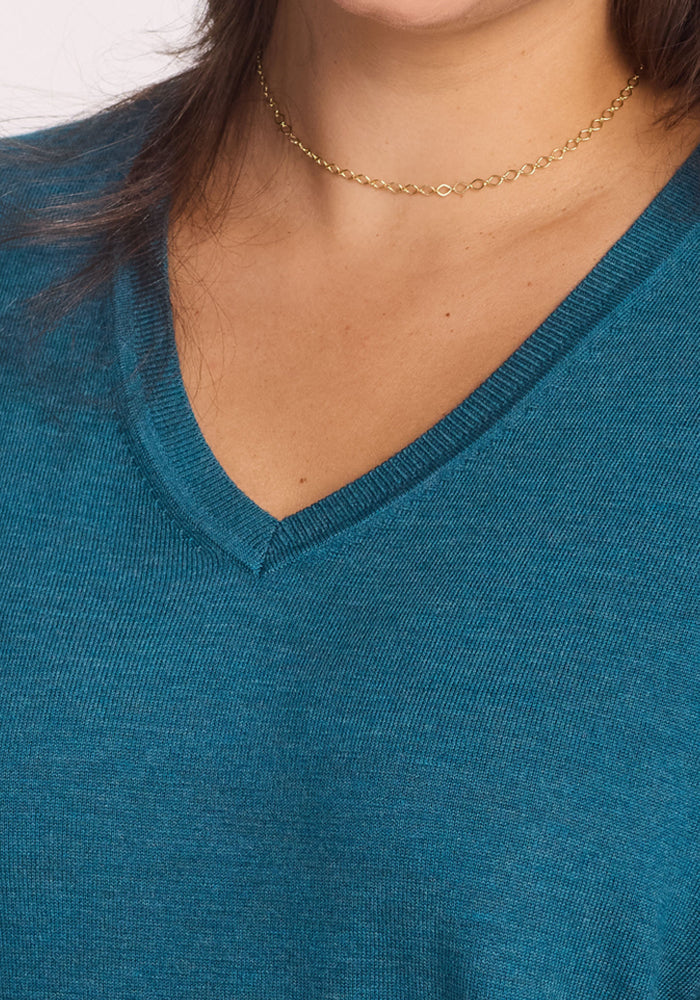 Close-up of a person wearing the Woolx Francesca Sweater in Harbor Teal, paired with a delicate gold chain necklace. Only the lower face, neck, and upper chest are visible.