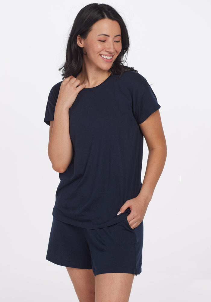 Model wearing Billie top - navy | Sarah is 5'8", wearing a size S