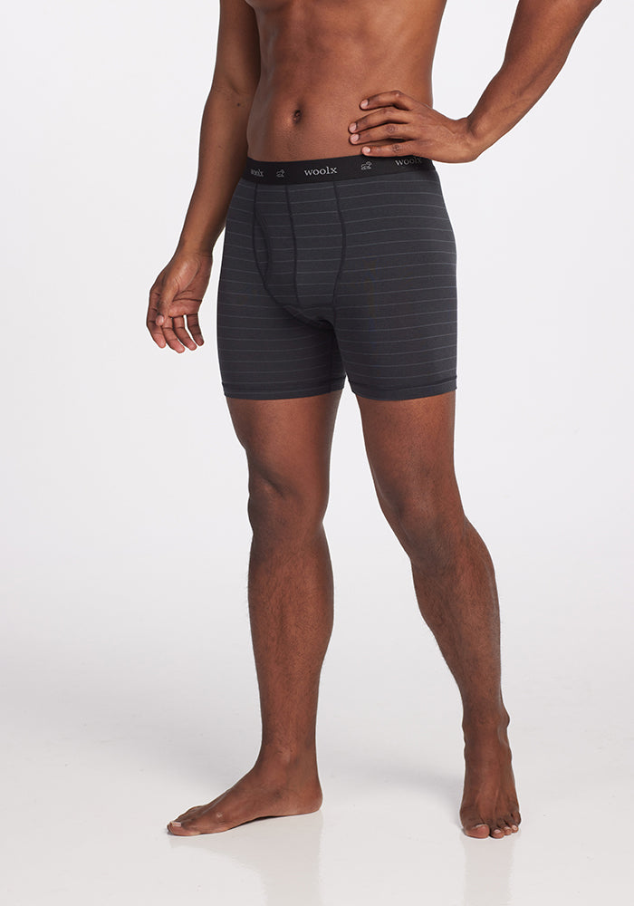 Model wearing Reaction boxers - Carbon Stripe