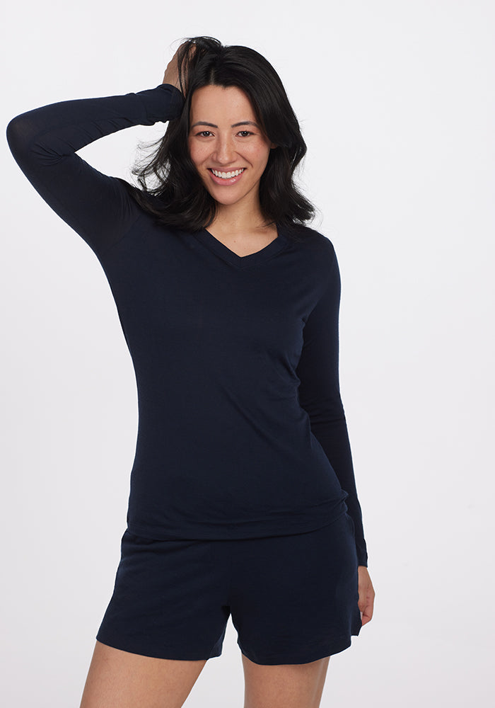 Model wearing Lily long sleeve - Navy
