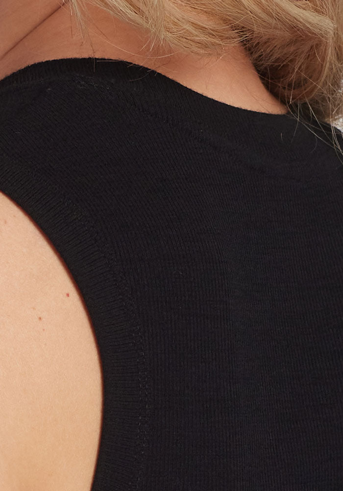 Detail of womens ribbed merino tank top - Black