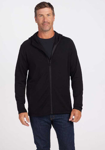 Model wearing Boulder hoodie - black | Lee is 6', wearing a size M