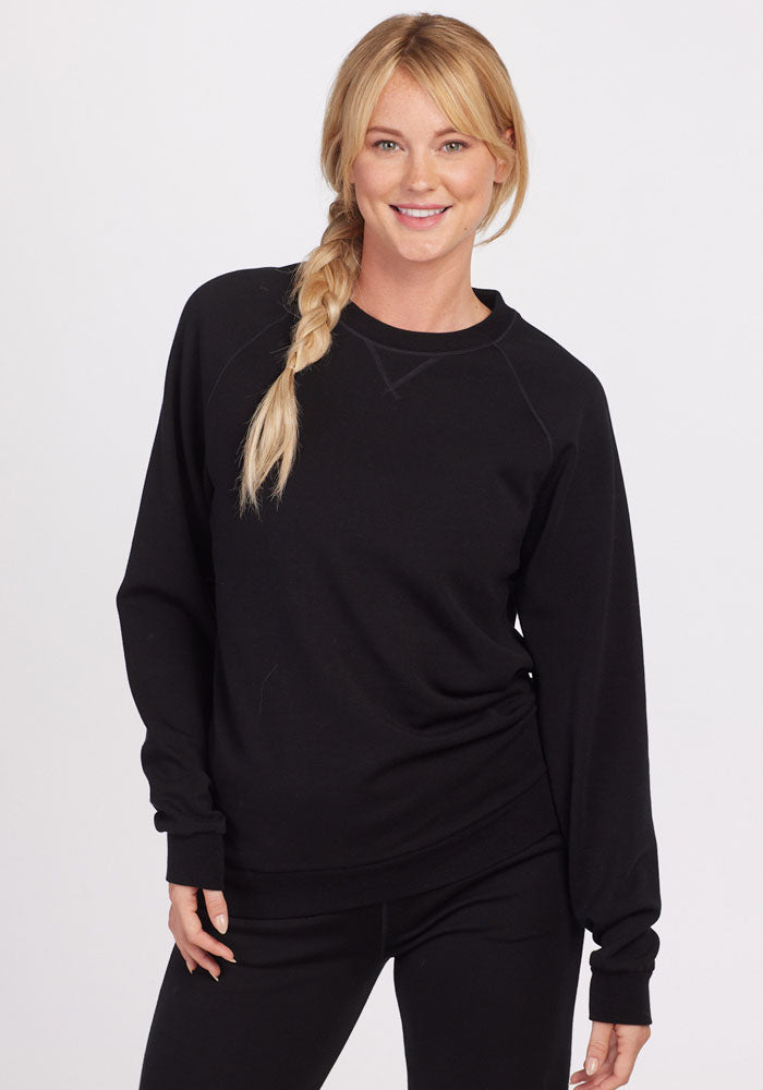 Womens merino wool sweatshirt - Black | Karly is 5'10", wearing a size S