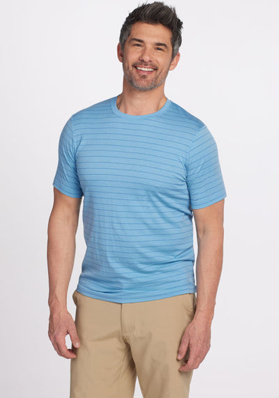 Model wearing endurance tee - atlantic blue | Matthew is 6', wearing a size L