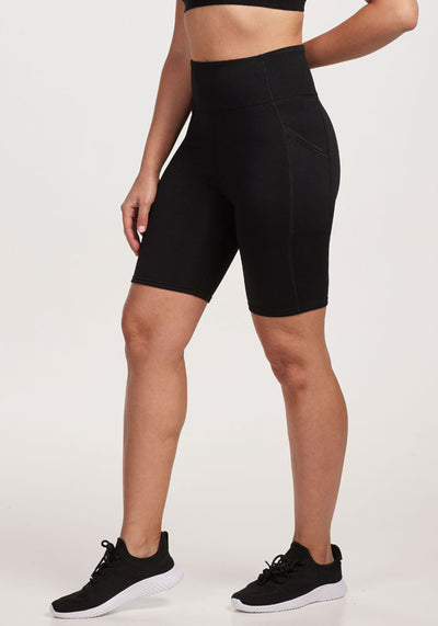 Womens merino wool bike shorts - Black | Tori is 5'7", wearing a size S