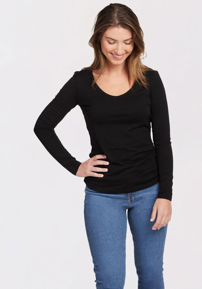 Model wearing layla top - black | Liza is 5'8", wearing a size S
