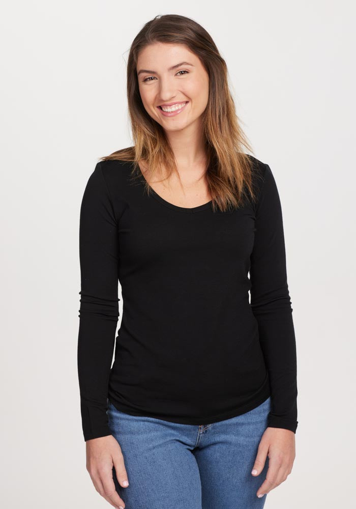 Womens Breathable Merino Wool Long Sleeve Shirt - Black