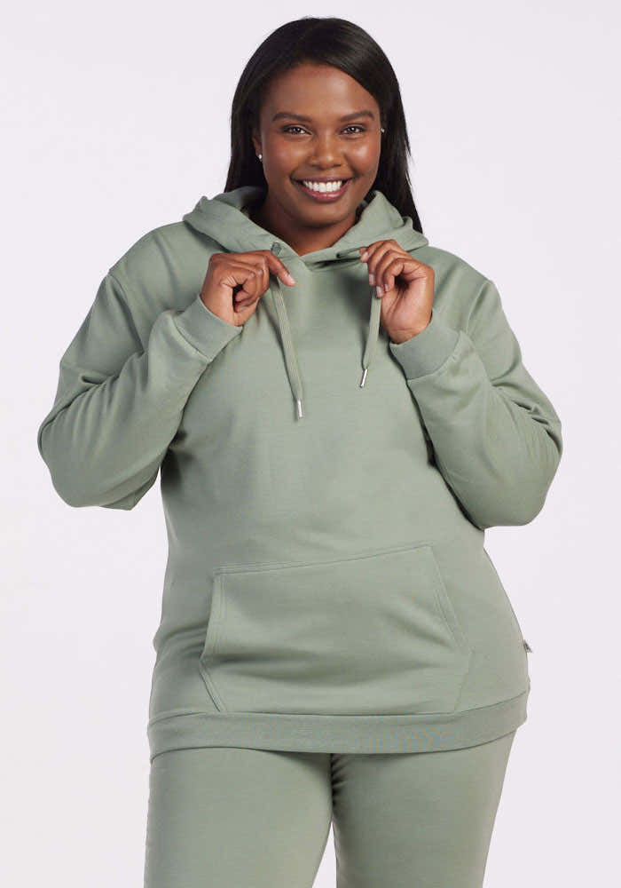Womens merino wool hoodie - Mint | Le'Quita is 5'11", wearing a size XL