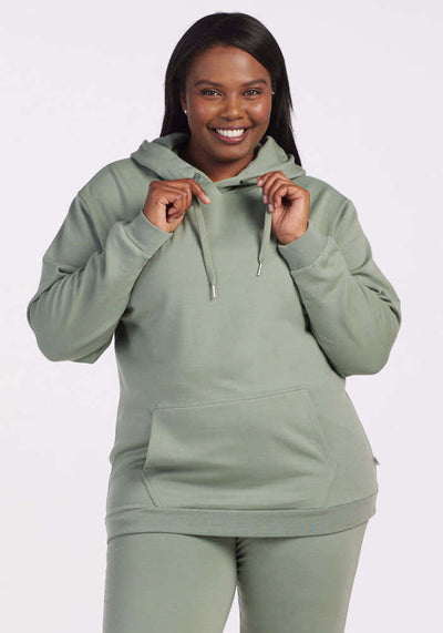 Womens merino wool hoodie - Mint | Le'Quita is 5'11", wearing a size XL