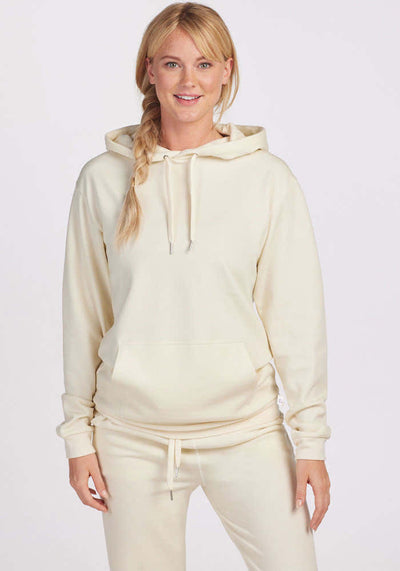 Womens wool hoodie for warmth - Cream | Karly is 5'10", wearing a size S
