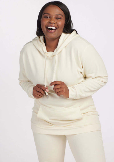 Womens wool hoodie for warmth - Cream | Le'Quita is 5'11", wearing a size XL