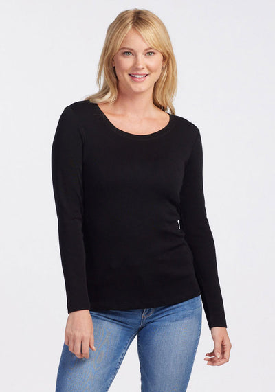Womens merino wool crew neck top - Black | Karly is 5'10", wearing a size S