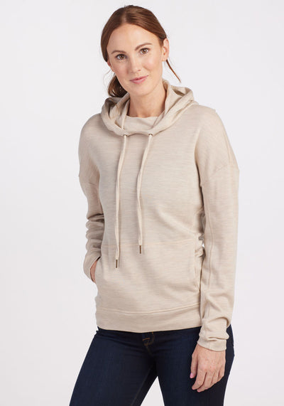 Womens merino wool hooded sweatshirt for women - Cream Heather | Alexandra is 5'11.5", wearing a size M