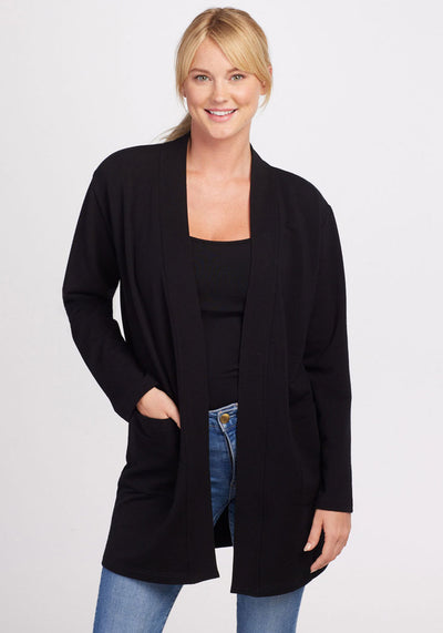 Womens merino wool cardigan - Black | Karly is 5'10", wearing a size S